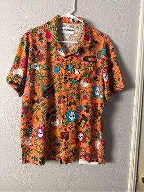 Robert to Lugo Orange Floral Skull Short-Sleeve Button-Down Shirt -Unisex SZ M